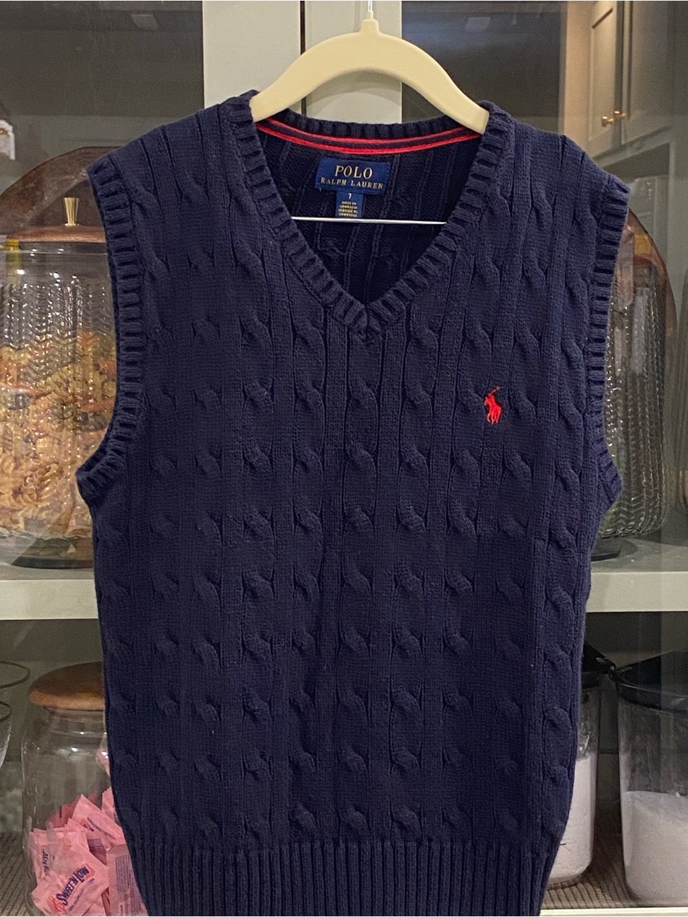 Polo by Ralph Lauren Navy Cable-Knit V-Neck Sweater Vest with Red Logo